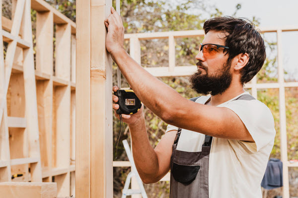 Carpenter measuring wooden wall frame with tape measure.